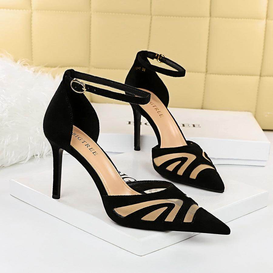 Black Pointy Ankle Strap Stiletto Heels 673900597001 - COCOMELODY