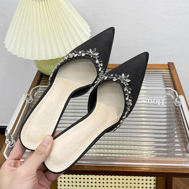 Black satin pointy rhinestone heels 790493683796 - COCOMELODY