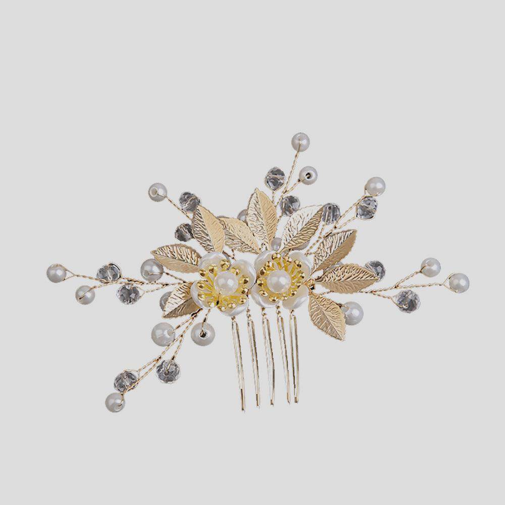 Gold Leaf Hair Comb Handmade Bride Crown Headpiece Flower comb set 690525637756 - COCOMELODY