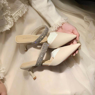 Black Rhinestone Pointy Stiletto heel Sandals 671551594825 - COCOMELODY