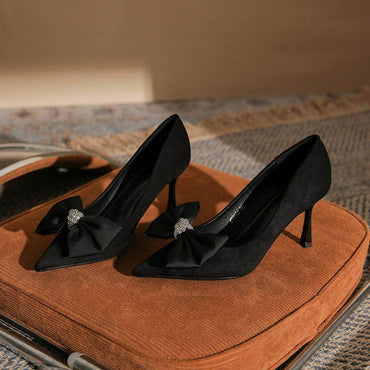 Black Suede Bowknot Pointy Stiletto Heels 746813568399 - COCOMELODY