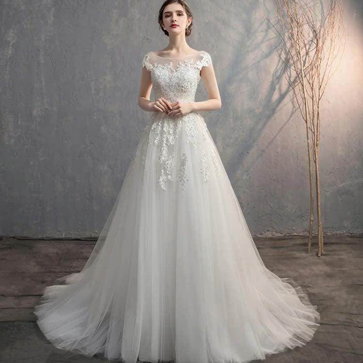 A-Line Sweep-Brush Train Lace Tulle Wedding Dress 774150163562 - COCOMELODY