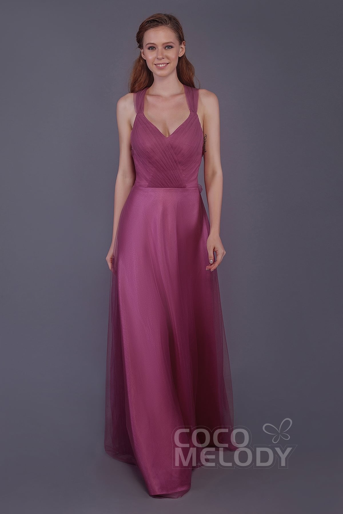 Sheath-Column Floor Length Tulle Bridesmaid Dress PR3496