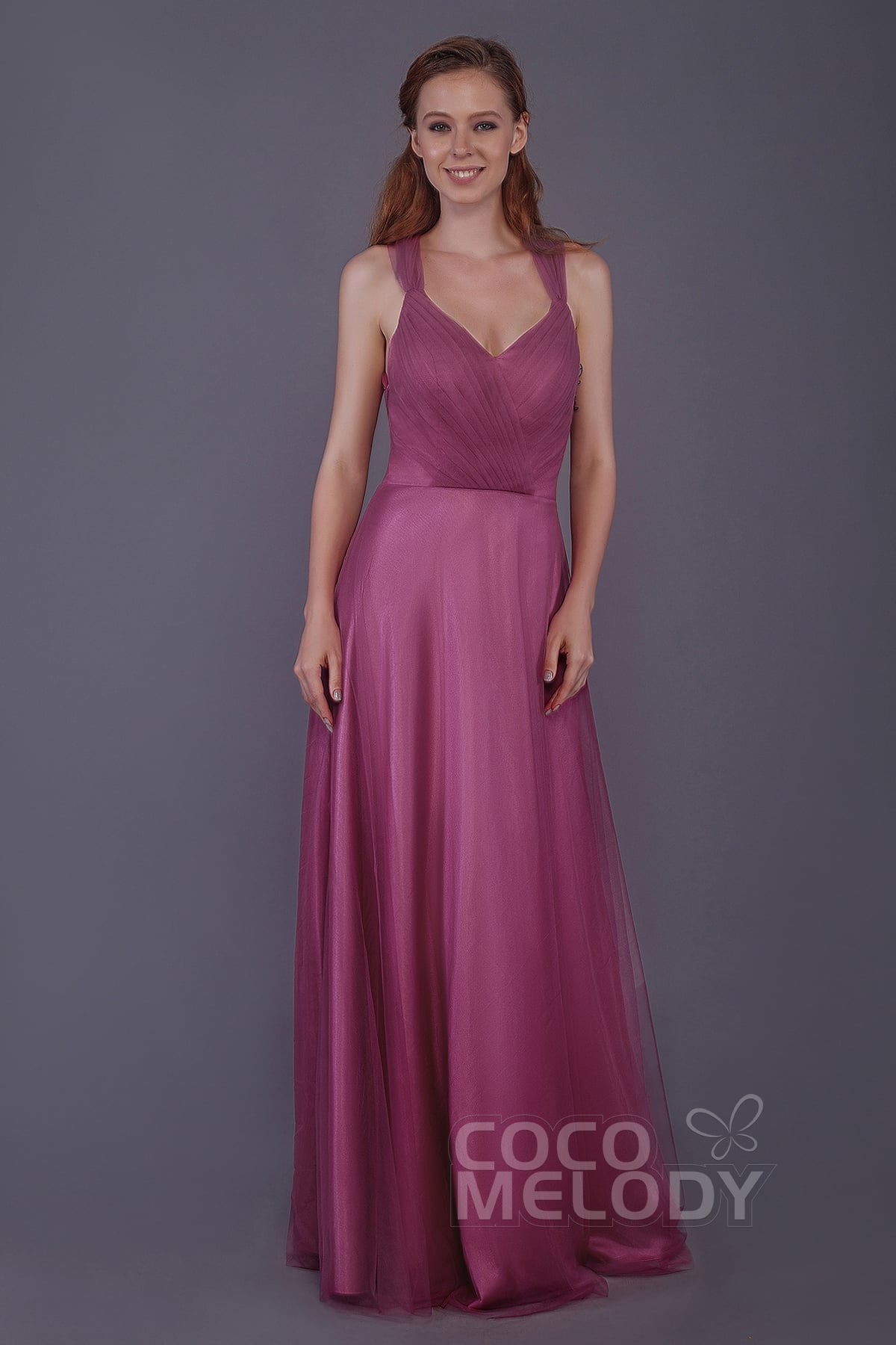 Sheath-Column Floor Length Tulle Bridesmaid Dress PR3496