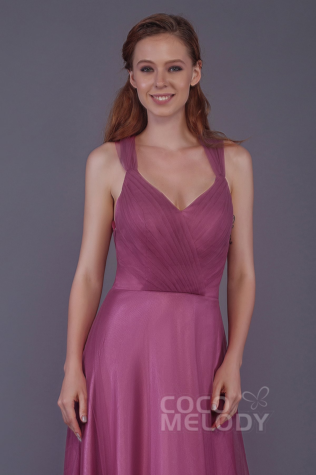 Sheath-Column Floor Length Tulle Bridesmaid Dress PR3496