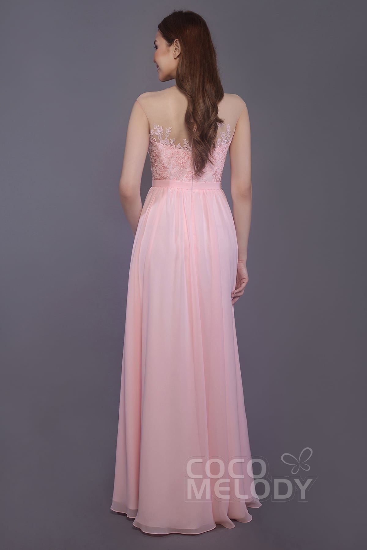 Sheath Floor Length Chiffon and Lace Bridesmaid Dress PR3595