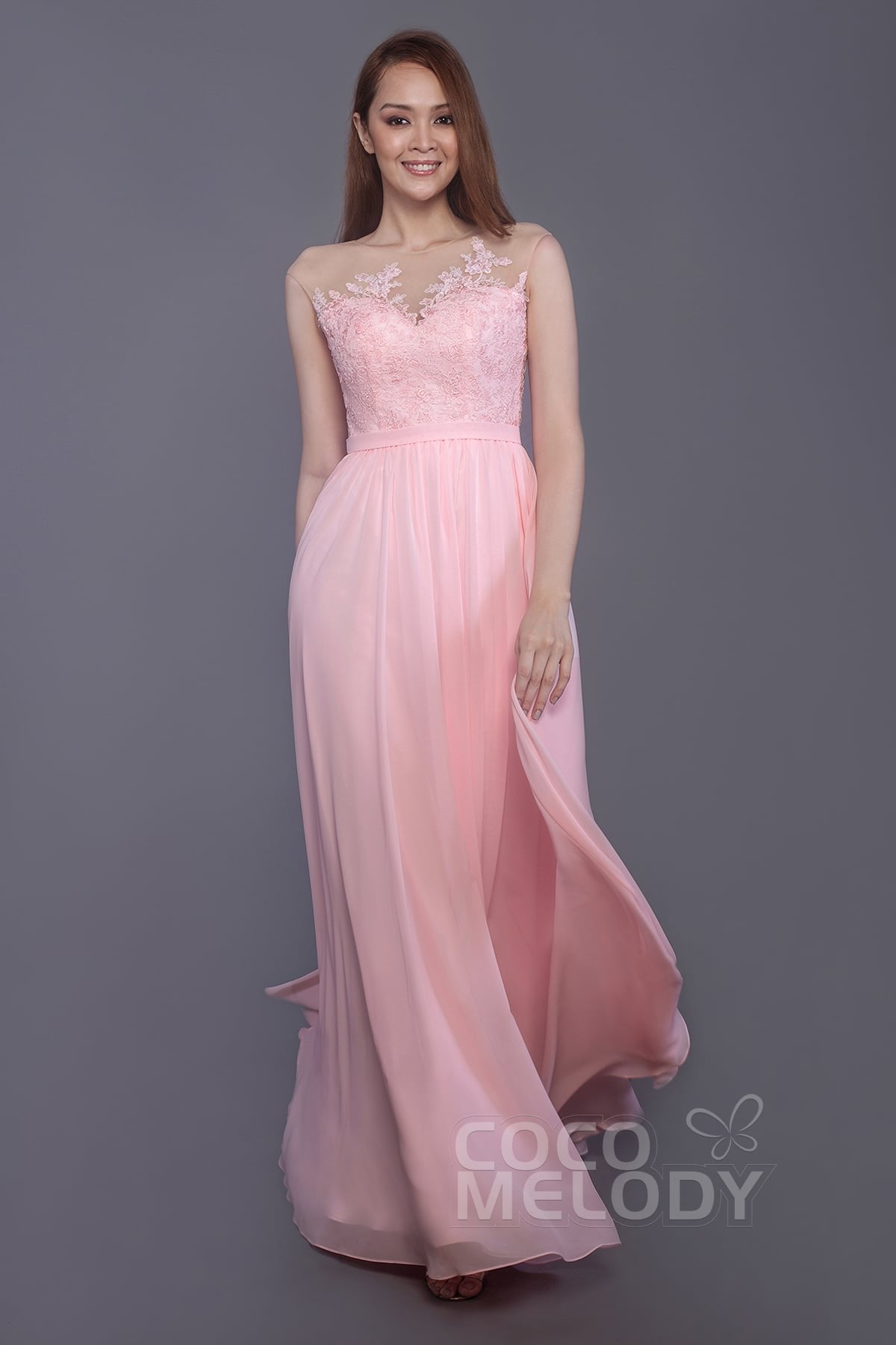 Sheath Floor Length Chiffon and Lace Bridesmaid Dress PR3595