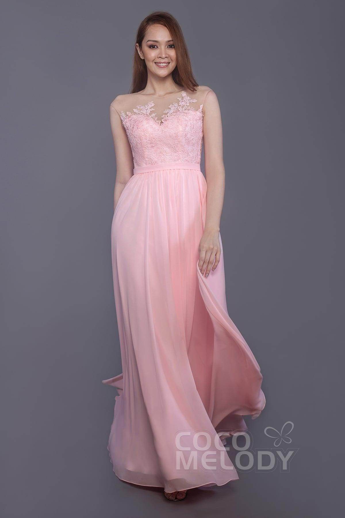 Sheath Floor Length Chiffon and Lace Bridesmaid Dress PR3595 - COCOMELODY