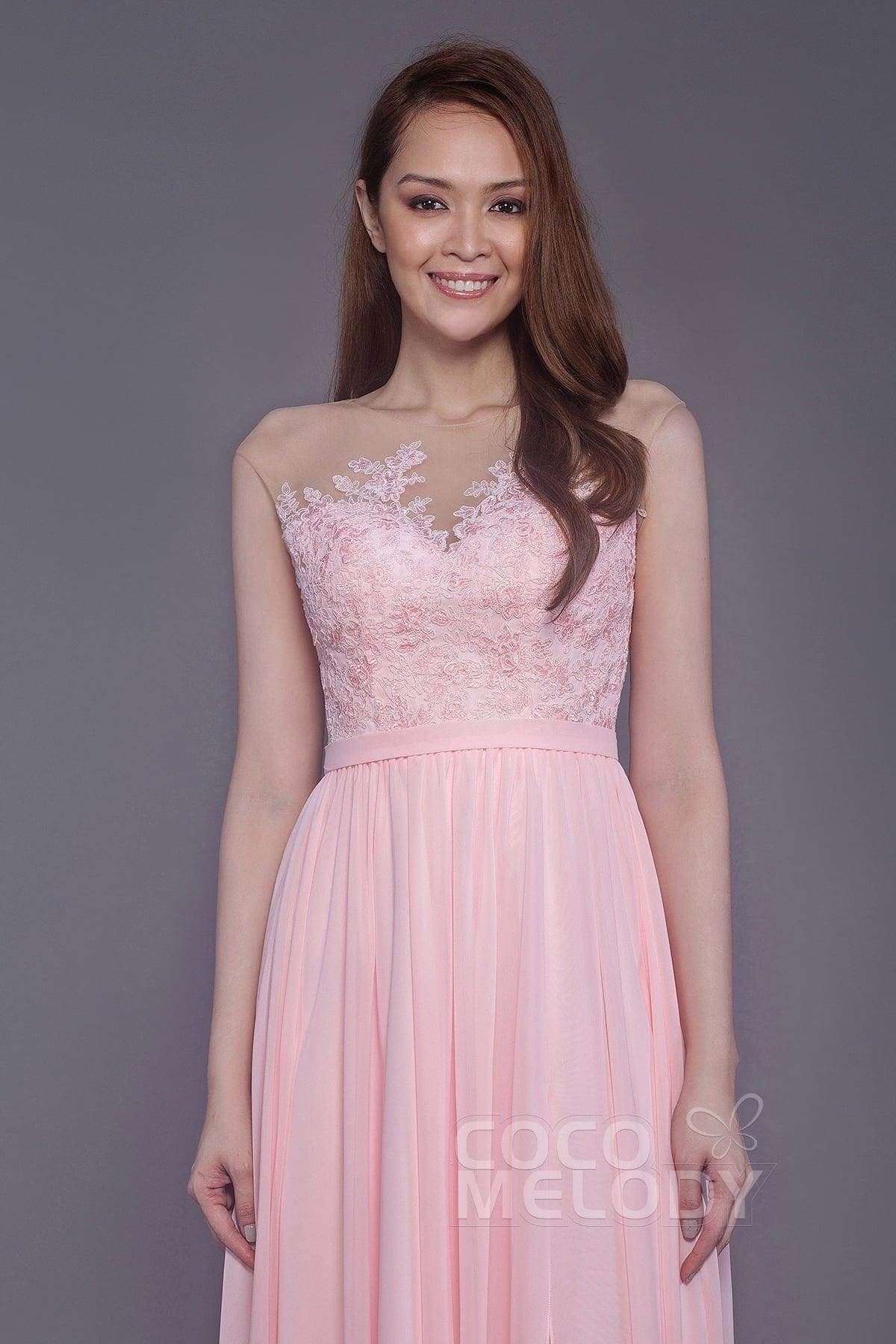 Sheath Floor Length Chiffon and Lace Bridesmaid Dress PR3595 - COCOMELODY