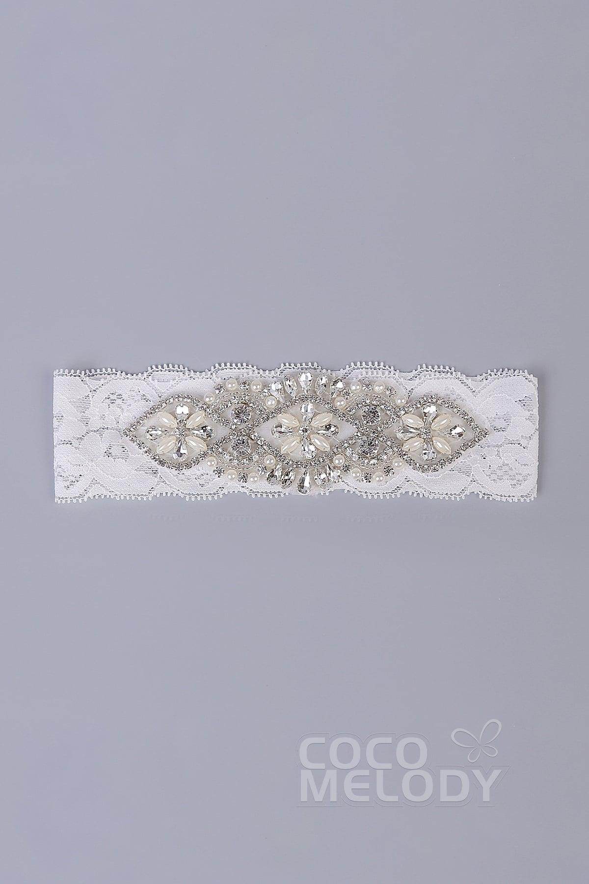 Lace Wedding Garter with Diamond and Pearls WD17011 - COCOMELODY