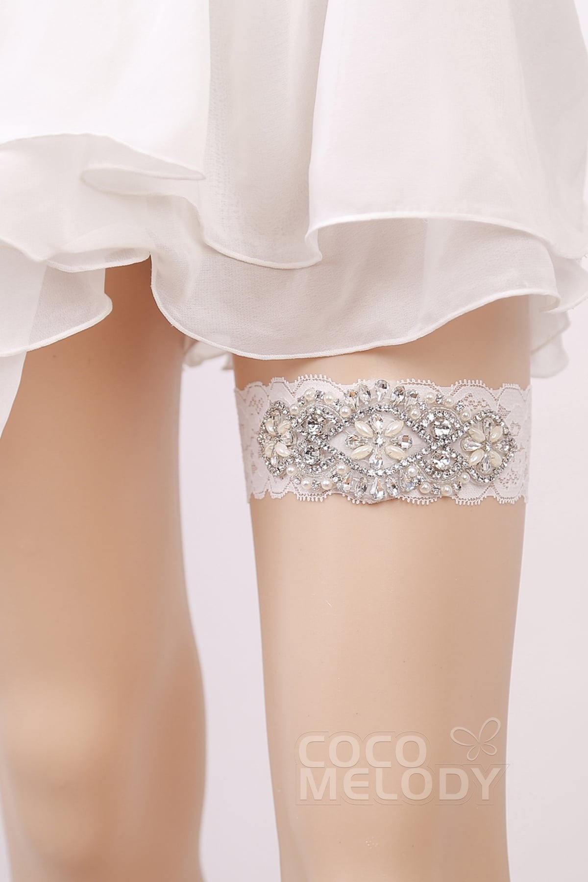 Lace Wedding Garter with Diamond and Pearls WD17011