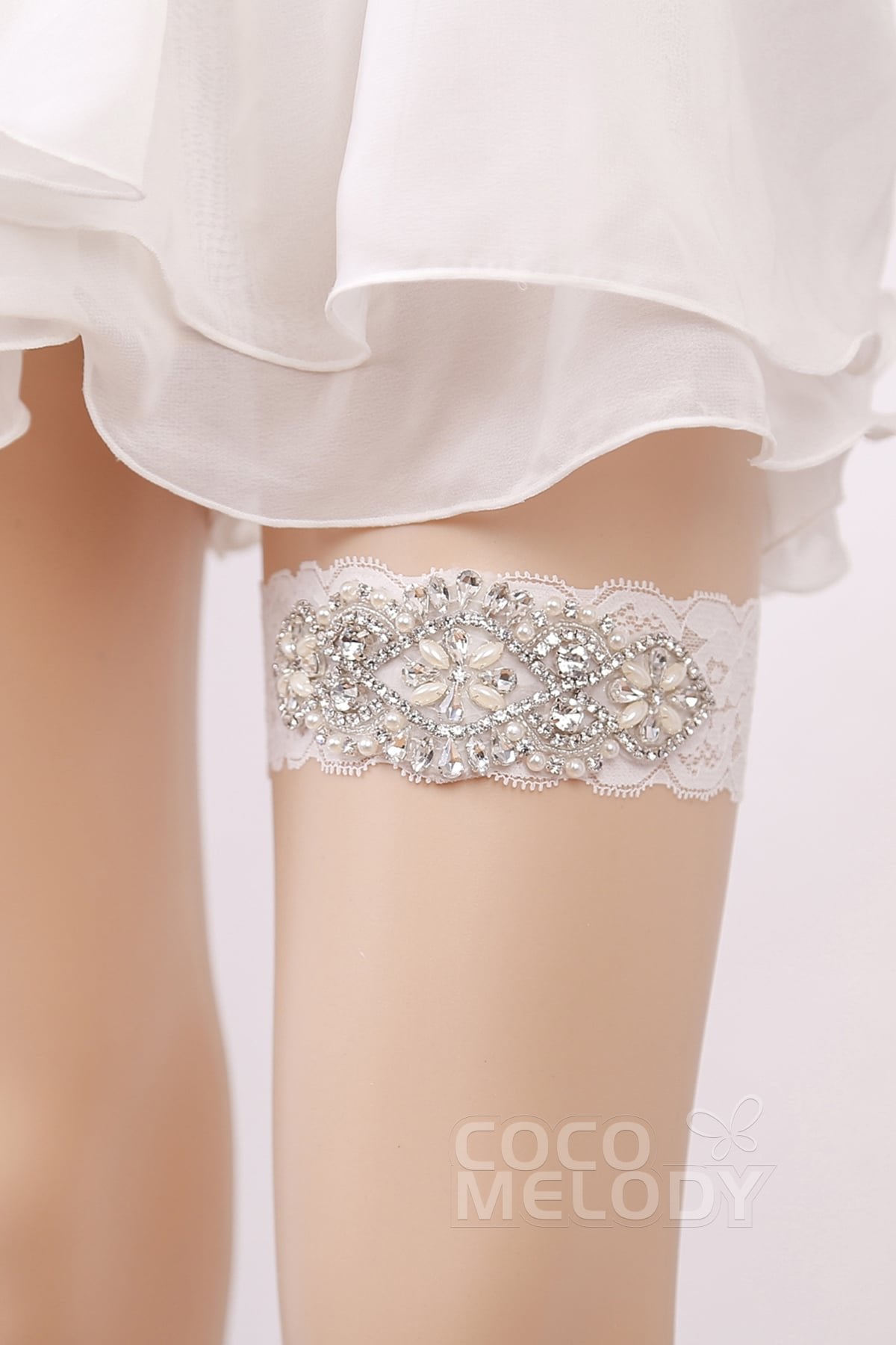 Lace Wedding Garter with Diamond and Pearls WD17011