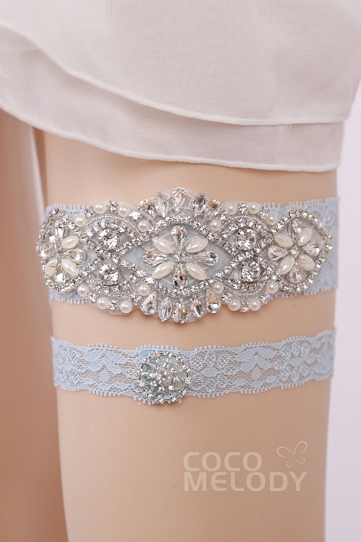 Lace Wedding Garter with Diamond and Pearls WD17019