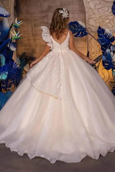 A-Line V-Neck Sleeveless Tulle Sweep-Brush Train Flower Girl Dresses 915121553468 - COCOMELODY