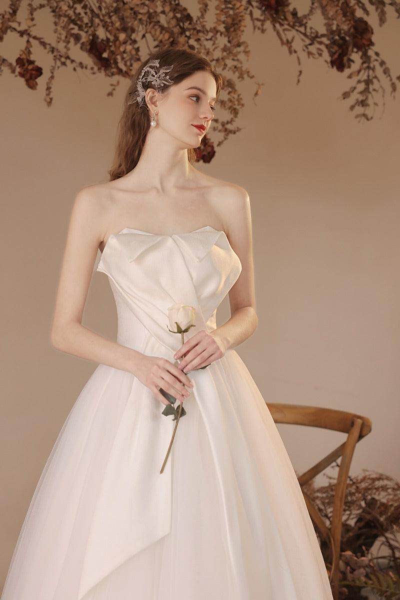 A-Line Floor Length Satin Tulle Wedding Dress 770225824782 - COCOMELODY