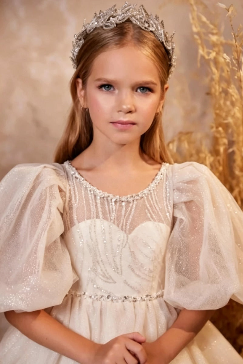 A-Line Illusion Puff Short Sleeve Heart Neck Flower Girl Dresses 750806564252