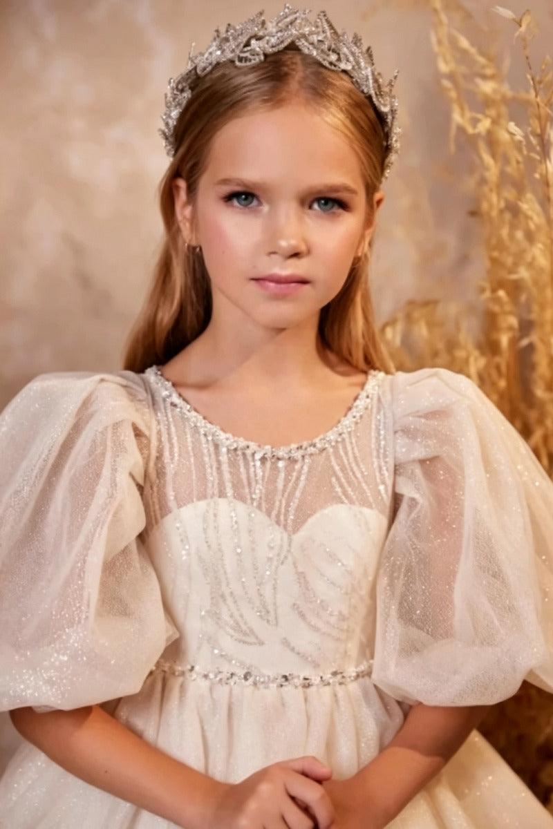 A-Line Illusion Puff Short Sleeve Heart Neck Flower Girl Dresses 750806564252 - 10 Days / As Picture / 2 - COCOMELODY
