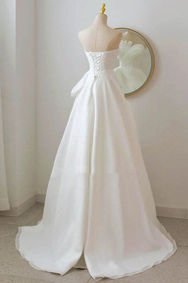 A-Line Sweep-Brush Train Organza Satin Wedding Dress 724137910656 - COCOMELODY
