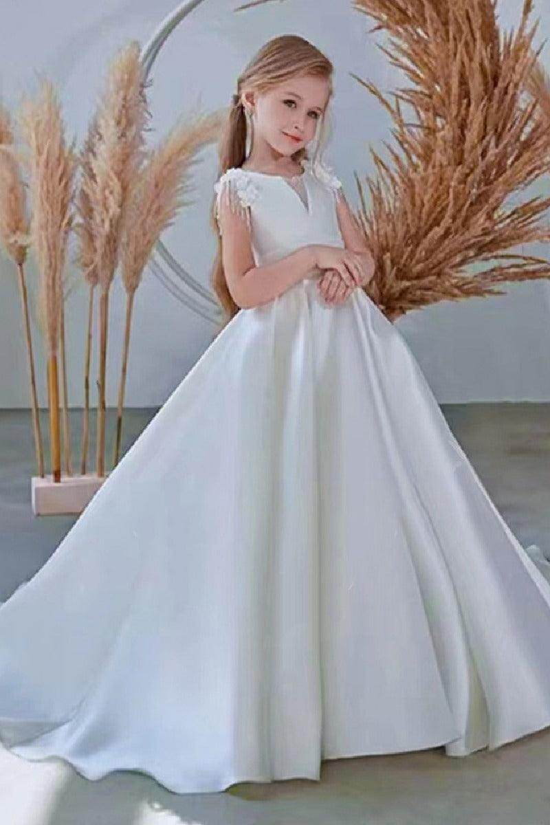 A-Line Scoop Neck Sleeveless Satin Court Train Flower Girl Dresses 738005217304 - COCOMELODY