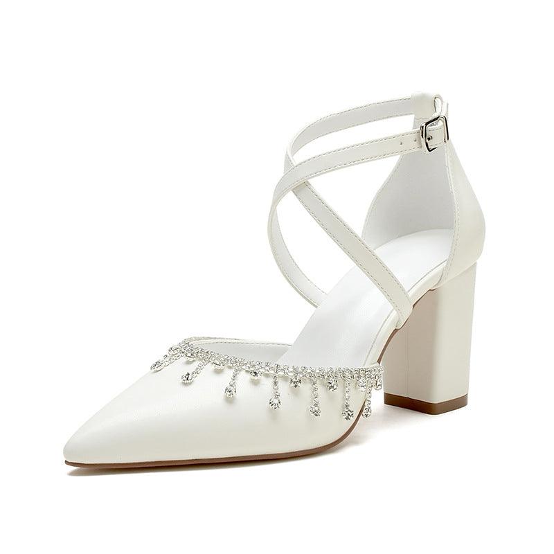 Pointed Toe Dress Flats Crisscross Ankle Strap Crystal Trim Shoes 857237211514 - 7 Days / White / 36 - COCOMELODY