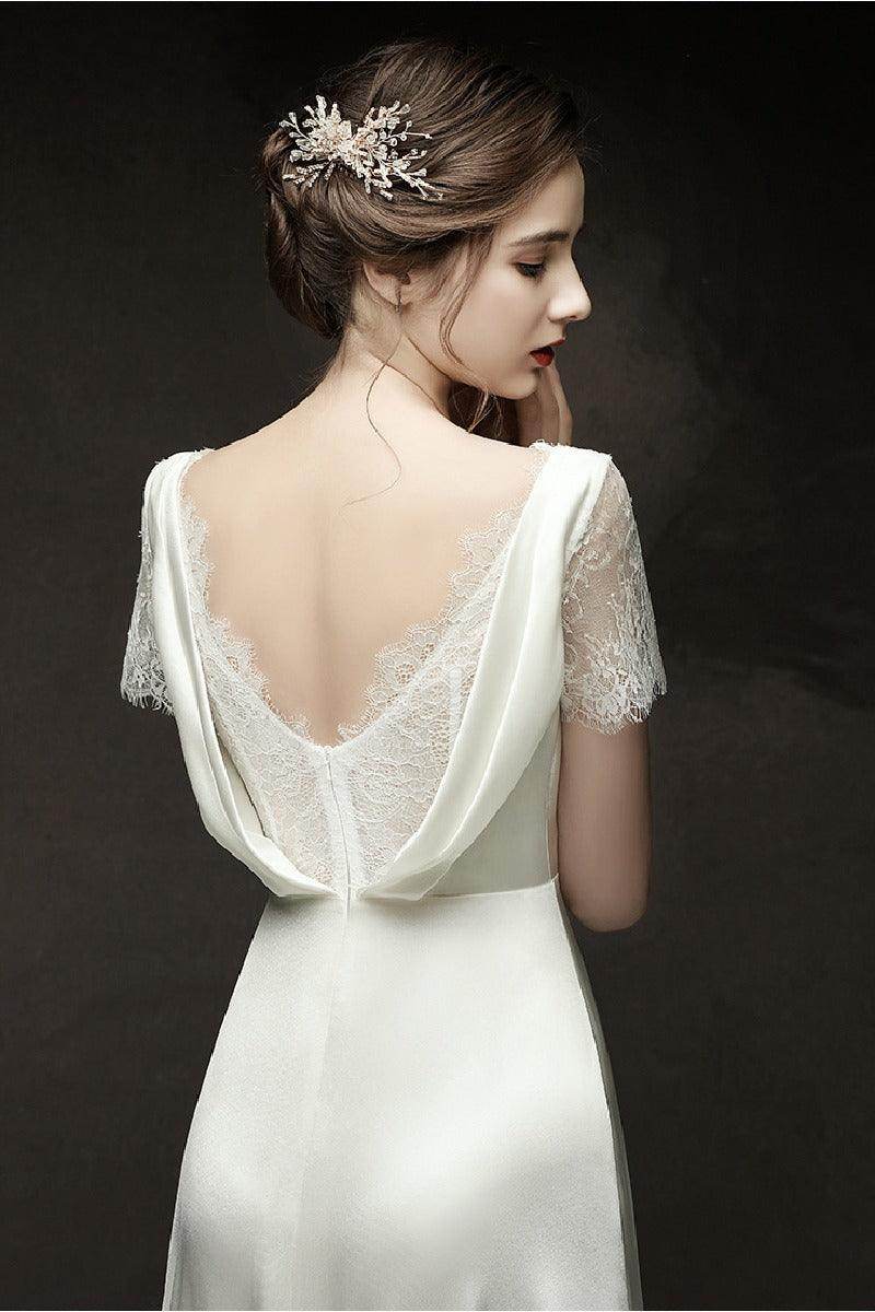 A-Line Sweep-Brush Train Satin Wedding Dress 687832654102 - COCOMELODY