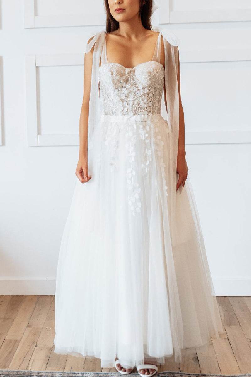 A-Line Ankle Length Lace Tulle Little White Dress 100007 - COCOMELODY