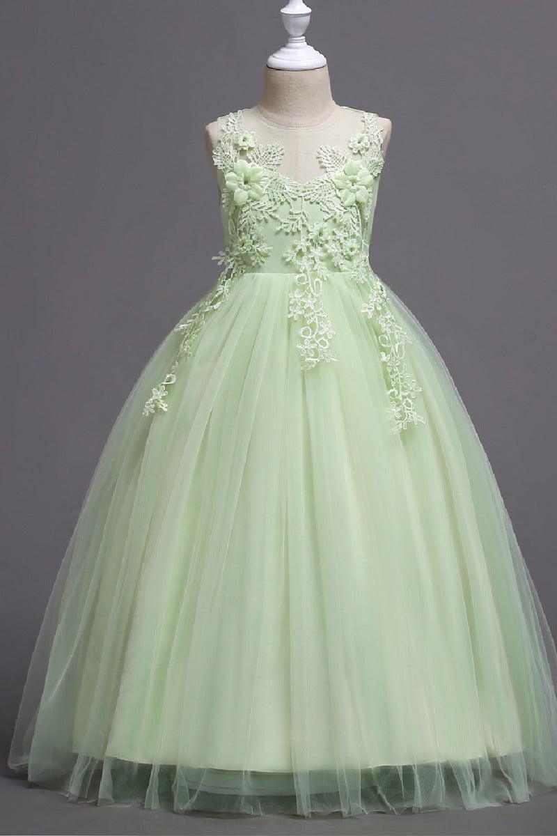 A-Line Sleeveless Illusion Neck Floral Lace Floor Length Tulle Flower Girl Dresses 1031510840167 - 7 Days / Mint Green / 120cm - COCOMELODY