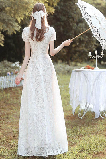 A-Line Floor Length Lace Wedding Dress 660344408093 - COCOMELODY
