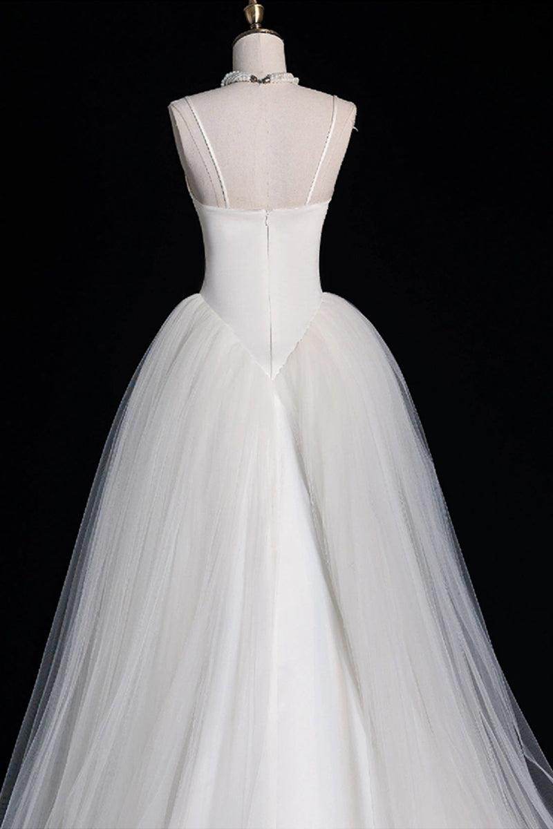 A-Line Sweep-Brush Train Satin Tulle Wedding Dress 735531201362 - COCOMELODY