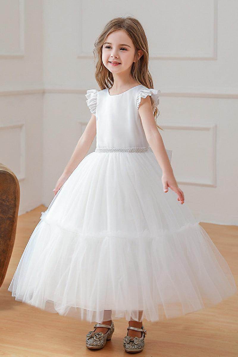 Ball-Gown Scoop Neck Satin/Tulle Flower Girl Dresses With Bow(s)/Beading 784695000859 - COCOMELODY
