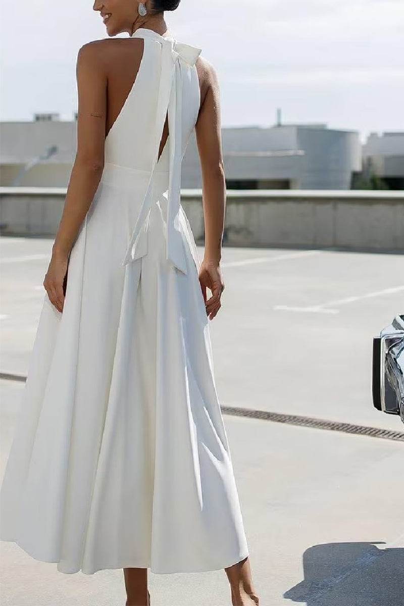 A-Line Tea Length Elastic Cloth Little White Dress 100006 - COCOMELODY