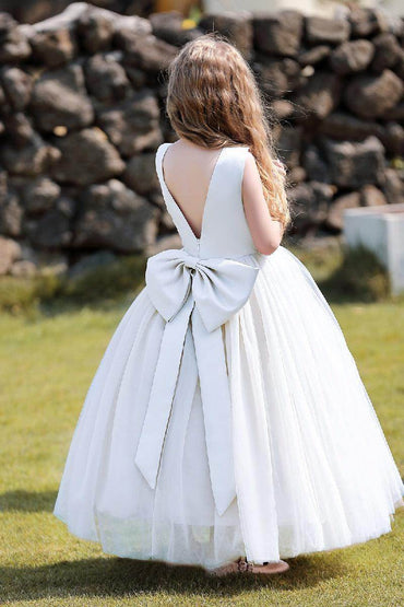 A-Line Scoop Neck Sleeveless Floor-Length Satin/Tulle Flower Girl Dresses With Bow(s) 744500696201 - COCOMELODY