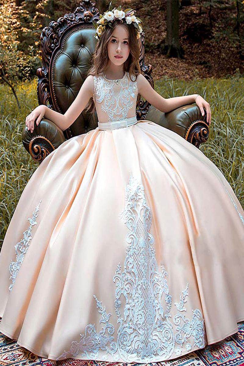 Ball-Gown Scoop Neck Sleeveless Satin Court Train Flower Girl Dresses 607388729160 - COCOMELODY