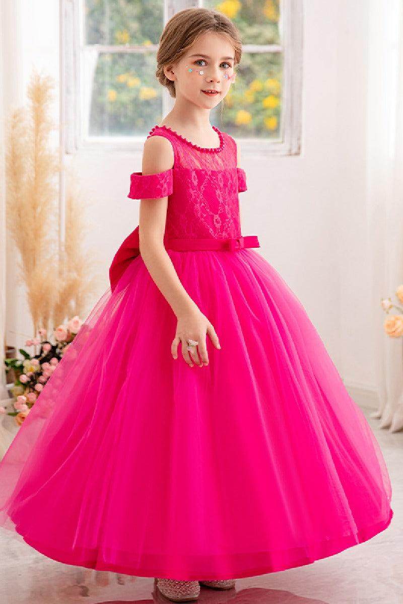 Ball-Gown/Princess Off the Shoulder Short Sleeves Tulle Floor-length Flower Girl Dresses With Lace 741957862179 - COCOMELODY