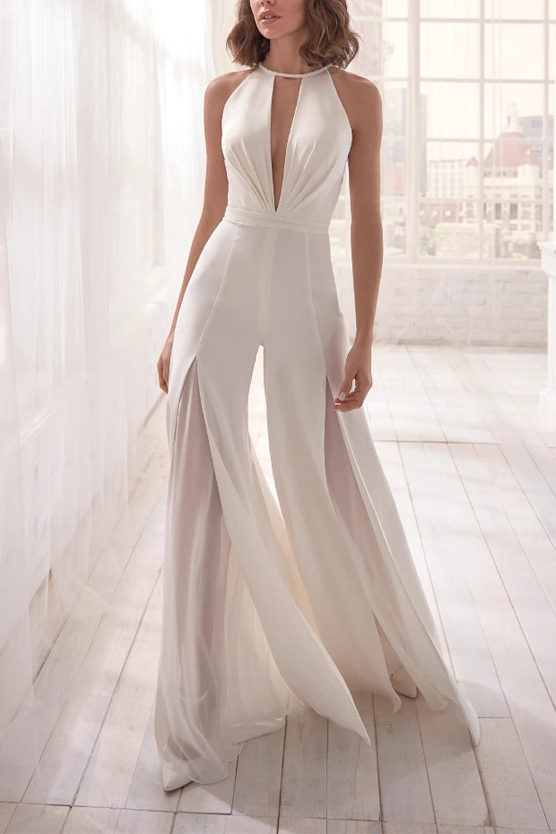Halter Floor Length Chiffon Wedding Jumpsuit 938528175857