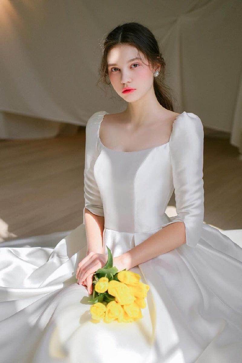 A-Line High-Low Satin Wedding Dress 675834048411 - COCOMELODY