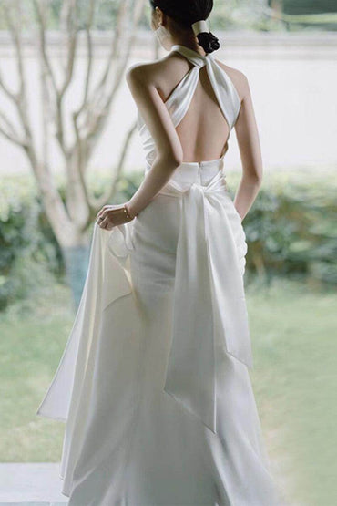 Sheath-Column Sweep-Brush Train Satin Wedding Dress 681178927183 - COCOMELODY