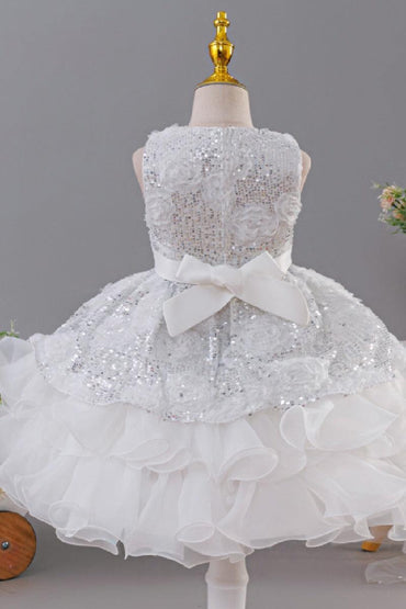 Sleeveless Round Neck Rosette Sequin Organza Flower Girl Dresses 1028863502898 - 7 Days / Pink / 110cm - COCOMELODY