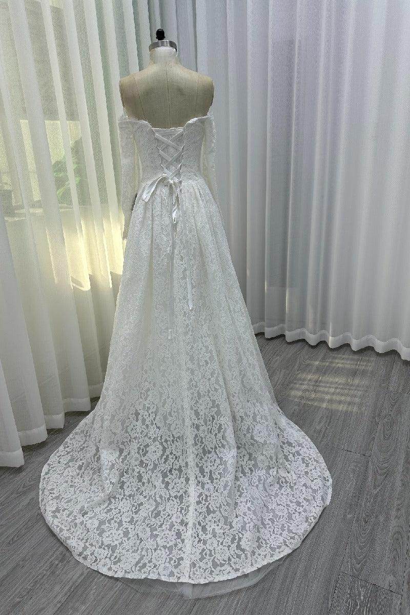 A-Line Sweep-Brush Train Lace Wedding Dress 843985458463 - COCOMELODY