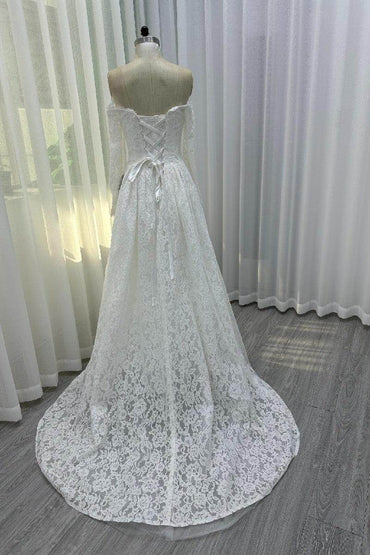 A-Line Sweep-Brush Train Lace Wedding Dress 843985458463 - COCOMELODY