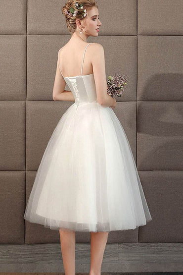 A-Line Tea Length Satin Tulle Wedding Dress 773541090129 - COCOMELODY