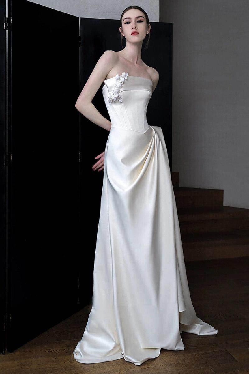 Sheath-Column Sweep-Brush Train Satin Wedding Dress 761888350591 - COCOMELODY
