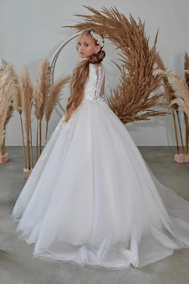 Round Neck Illusion Long Lace Sleeve Tulle Flower Girl Dress 673420614521 - 10 Days / White / 2 - COCOMELODY