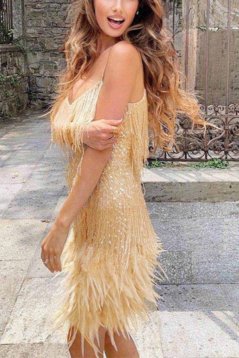 Fringed sequin sexy V-neck cocktail dress 715257715853 - COCOMELODY
