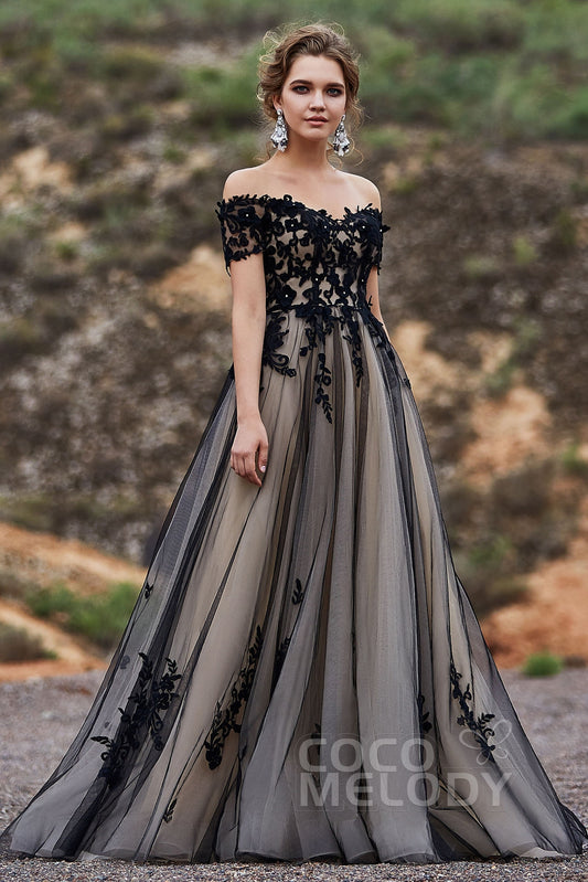 A-Line Sweep-Brush Train Tulle Gothic Wedding Dress LD5830
