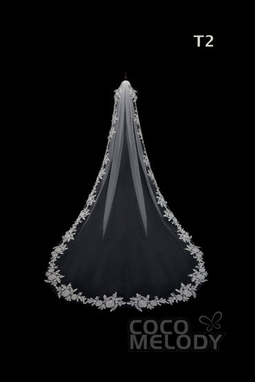 One-tier Lace Edge Tulle Hip Veils with Appliques AV180001