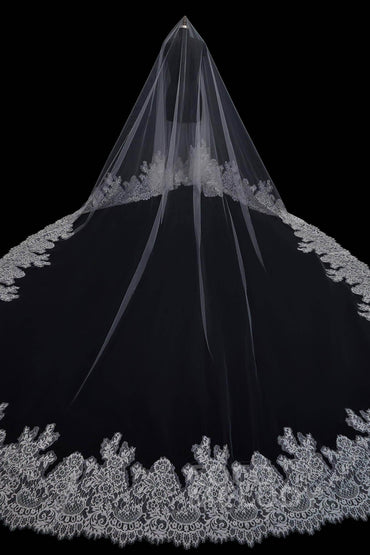 One-tier Lace Edge Tulle Cathedral Veils Appliques AV18001 - COCOMELODY