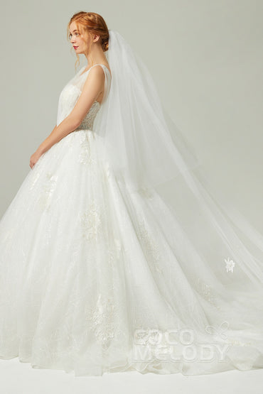 Two-tier Lace Edge Tulle Chapel Veils with Appliques AV18019