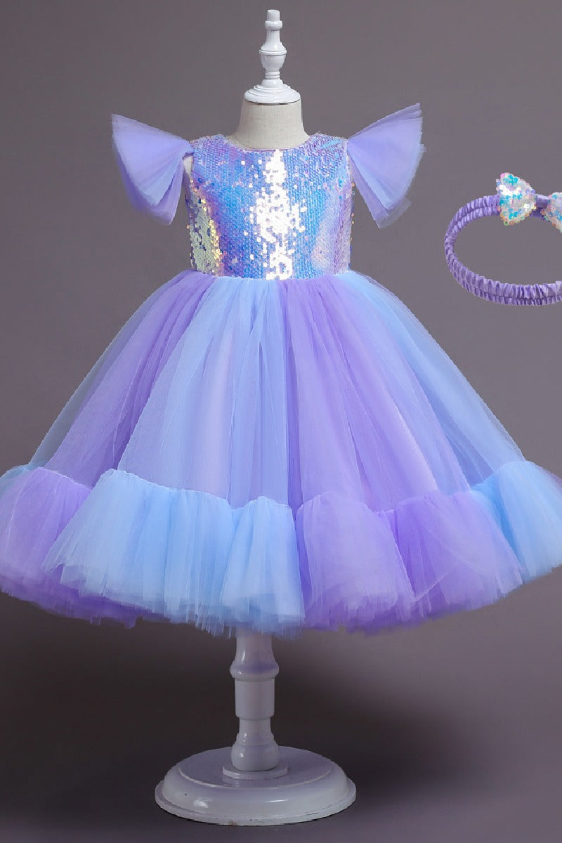 Ball Gown Flutter Sleeve Iridescent Sequin Tulle Matching Bow Headband Flower Girl Dresses 1031506040712
