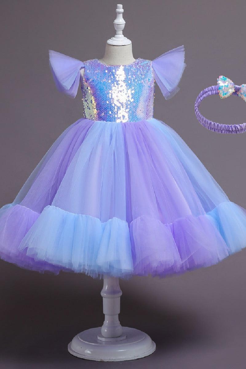 Ball Gown Flutter Sleeve Sequin Tulle Matching Bow Headband Flower Girl Dresses 1031506040712 - 7 Days / Purple / 100cm - COCOMELODY